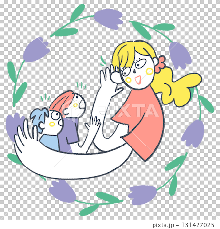 Smiling woman or counselor holding children and listening to their voices 131427025