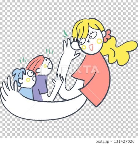 Smiling woman or counselor holding children and listening to their voices Smiling woman or counselor holding children and listening to their voices 131427026