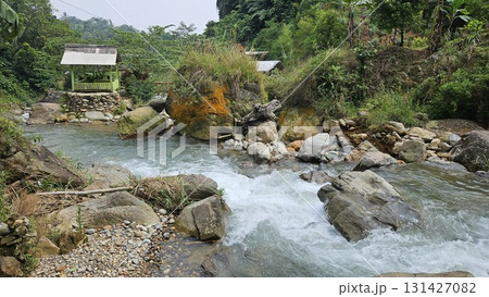 This lush tropical riverscape showcases cascading clear water rushing over boulders and pebbles in a rocky streambed, framed by dense green vegetation and tall trees, with a small, rustic wooden shelt 131427082