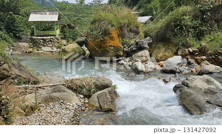 This lush tropical riverscape showcases cascading clear water rushing over boulders and pebbles in a rocky streambed, framed by dense green vegetation and tall trees, with a small, rustic wooden shelt 131427092