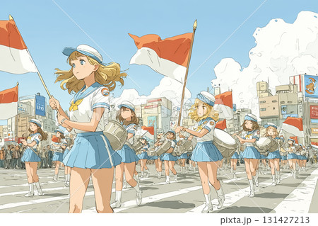 美優シリーズ：高校生、マーチングバンドのパレード構図（フラッグ隊＋ドラムライン） 131427213