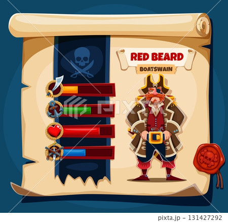 Pirate crew character options, game window on scroll. Cartoon boatswain corsair personage named Red Beard on old parchment with gaming interface stat bars, representing skills, strength and vitality 131427292