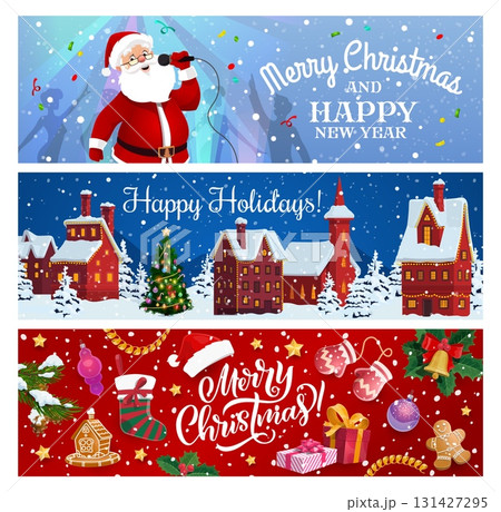 Christmas holiday banners, featuring cartoon Santa Claus character with microphone, snowy town, festive greetings, colorful gifts, stockings, and gingerbread cookies. Vector seasonal greeting cards 131427295