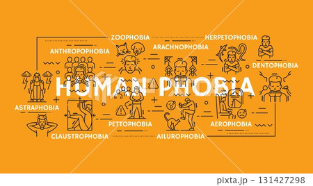 Mental health, human phobia psychology problems infographics. Vector black linear symbols of arachnophobia, claustrophobia, aerophobia and pettophobia. Ailurophobia, herpetophobia or dentophobia 131427298