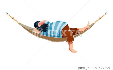 Cartoon pirate and corsair ship crew character relaxing in a hammock. Isolated vector sailor rover personage dressed in a striped shirt, headscarf and torn brown pants radiates laid back carefree vibe 131427299