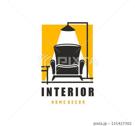 Home interior icon showcasing a stylish armchair with a glowing floor lamp in minimal flat style. Isolated vector emblem for home decor brands or interior design services evoke elegance and comfort 131427302