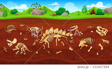 Archeology dinosaur fossil in soil layers, paleontology science and excavation studies. Cartoon vector ground cross section view of ancient dino bones and skeletons of prehistoric animals underground 131427304