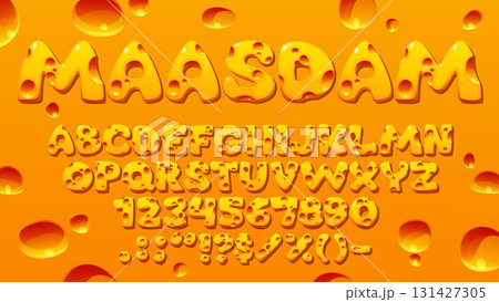 Cartoon cheese font, yellow swiss and maasdam typeface letters alphabet uppercase letters, numbers, and symbols. Vector gooey cheesy abc characters set against a fun orange background with holes 131427305