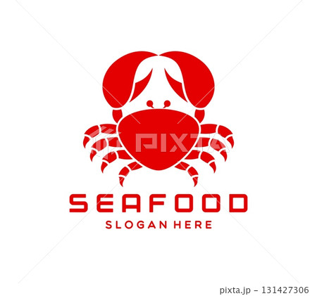 Crab seafood icon, emblem featuring red crab silhouette. Vector cuisine label for branding restaurants, seafood markets or culinary businesses. Minimalist badge with bold typography and sea animal Crab seafood icon, emblem featuring red crab silhouette. Vector cuisine label for branding restaurants, seafood markets or culinary businesses. Minimalist badge with bold typography and sea animal 131427306