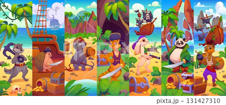 Cartoon animal pirate and corsair characters, ship crew collage. Cute rovers hedgehog, koala, tiger, bunny, , panda, meerkat in a playful adventure on tropical beach with treasure, ships and weapons Cartoon animal pirate and corsair characters, ship crew collage. Cute rovers hedgehog, koala, tiger, bunny, , panda, meerkat in a playful adventure on tropical beach with treasure, ships and weapons 131427310