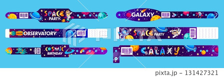 Kids space party wristband bracelets, event pass, hand bracelets for entrance, . Vector set of celestial-themed cosmic band mockups with aliens, rockets and astronauts for an interstellar experience 131427321
