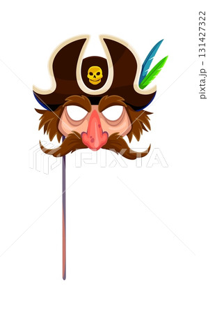 Caribbean pirate face in tricorn hat photo booth mask. Buccaneer skipper, Caribbean pirate bandit vector mask. Kids photo booth prop with corsair mustached face, skull, parrot feather on tricorn hat 131427322