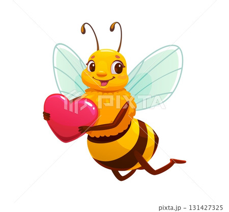 Cartoon cheerful honey bee character holding heart. Cute flying vector apiary mascot with smiling face and blue wings. Happy bumblebee with gift. Personage for beekeeping, love, care and sweet insect Cartoon cheerful honey bee character holding heart. Cute flying vector apiary mascot with smiling face and blue wings. Happy bumblebee with gift. Personage for beekeeping, love, care and sweet insect 131427325