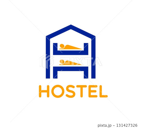 Hostel hotel icon or emblem with a blue outline of a house containing two orange stick figures lying on bunk beds. Isolated vector minimal label for accommodation, hospitality or travel service 131427326
