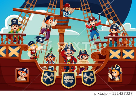 Kids pirate characters on sail ship. Cartoon vector cheerful children corsairs on large wooden ship with flags, cannons and sails, showing pirate crew climbing ropes, hold swords, maps and telescopes 131427327