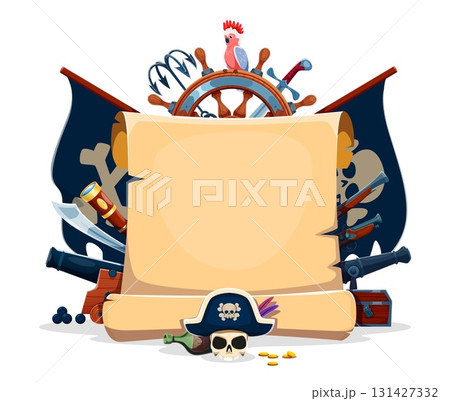 Pirate manuscript parchment scroll in vector frame of ship wheel, saber, cannons and musket guns. Cartoon treasure chest, parrot, pirate hat, skull and crossbones flag, gold coins and empty old scroll Pirate manuscript parchment scroll in vector frame of ship wheel, saber, cannons and musket guns. Cartoon treasure chest, parrot, pirate hat, skull and crossbones flag, gold coins and empty old scroll 131427332