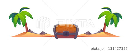 Marine and nautical divider, pirate and corsair border frame, piracy decoration featuring cartoon treasure chest between tropical palm trees on a sandy island. Vector separator for party invitations 131427335