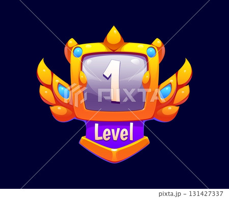 Game level up rank badge icon, shield asset, featuring a number one emblem with gold wings and gemstones. Vector trophy representing gaming achievements, rewards and victory ranks in video games 131427337