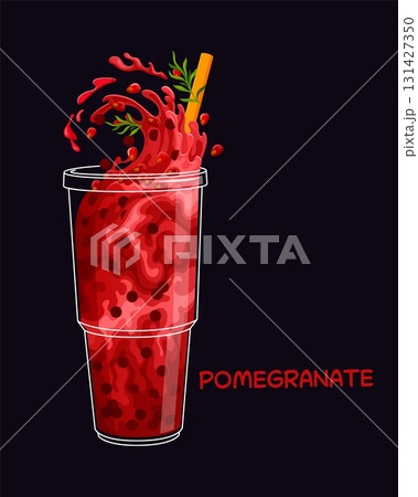 Cartoon pomegranate milk bubble tea glass with bright splashes and fruit. Red drink in transparent plastic cup with splashing wave and juicy seeds. Bright vector refreshing beverage with a straw 131427350