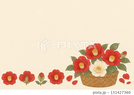 椿の花シリーズ：白椿がアクセントのかごに入った椿のボトム型背景 131427360