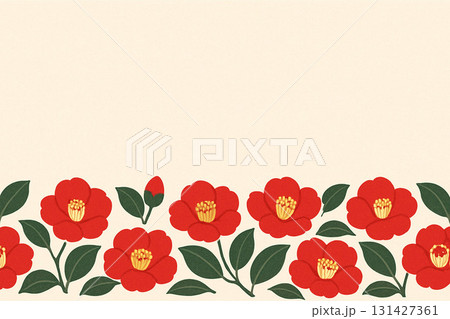 椿の花シリーズ:金色の花芯が映える椿と葉のボトム型背景 椿の花シリーズ:金色の花芯が映える椿と葉のボトム型背景 131427361