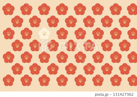 赤い椿の花が並ぶ和風パターン背景（白椿のアクセント入り） 131427362