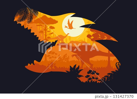 Dinosaur head silhouette with prehistoric era forest landscape. Vector sunset scene with ancient reptile shadows at ancient, Jurassic time inside of roaring dino head frame. Majestic jungle rainforest Dinosaur head silhouette with prehistoric era forest landscape. Vector sunset scene with ancient reptile shadows at ancient, Jurassic time inside of roaring dino head frame. Majestic jungle rainforest 131427370