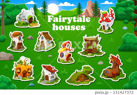 Cartoon fairytale houses and dwellings stickers. Vector patches set of whimsical cottages in a vibrant forest meadow. Mushroom, pumpkin, tree stump, shoe and teapot fantasy homes for game or storybook 131427372
