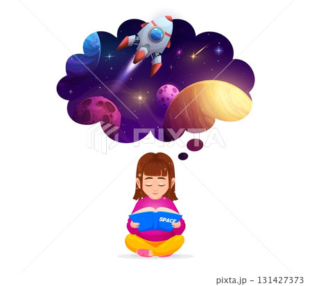 Girl dreaming about space. Cartoon vector young girl character reading a space book, imagining a colorful outer space scene with planets, stars, and a rocket ship inside a dream bubble above her head 131427373