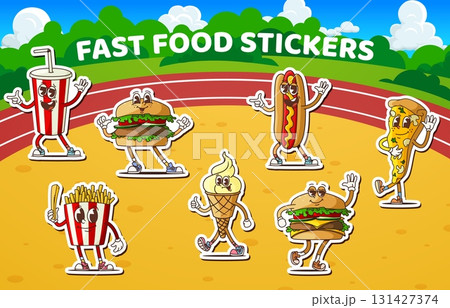 Groovy fast food characters stickers pack. Playful cartoon soda, burgers, hot dog, pizza slice, French fries, and ice cream cone with smiling faces on outdoor background with a racetrack and greenery Groovy fast food characters stickers pack. Playful cartoon soda, burgers, hot dog, pizza slice, French fries, and ice cream cone with smiling faces on outdoor background with a racetrack and greenery 131427374