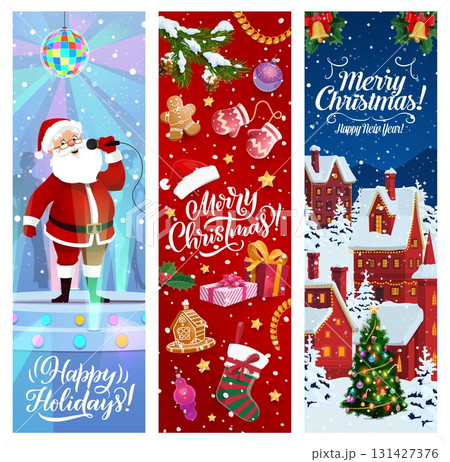 Christmas banners with decorations and Santa character singing. Festive vector vertical Xmas greeting cards with snowy houses, gifts, decorations, mittens, gingerbread, tree and joyful holiday vibes Christmas banners with decorations and Santa character singing. Festive vector vertical Xmas greeting cards with snowy houses, gifts, decorations, mittens, gingerbread, tree and joyful holiday vibes 131427376