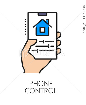Home security phone control color line icon or symbol. Smart home security technology thin line vector pictogram or sign. House safety and protection icon or symbol with smartphone in human hand 131427388