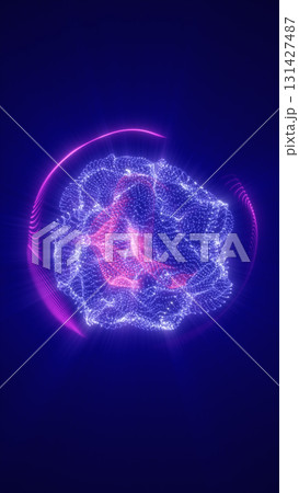 Abstract glowing digital sphere composed of purple and blue particles, highlighted by dynamic pink waves 131427487