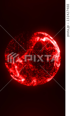 Abstract glowing red plasma sphere with dynamic energy particles in motion 131427488