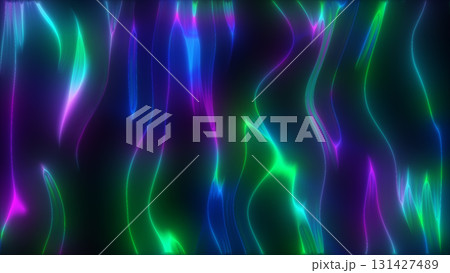 Smooth abstract waves of neon green, blue, and purple, gently flowing and creating an elegant futuristic design 131427489