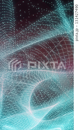 Abstract pink light wave formed by glowing particles, creating a fluid and flowing digital mesh structure 131427490