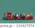 Christmas toy wooden red retro train decorated with children's snowmen and Christmas trees. Vintage naive postcard on an emerald background with snow.. 131427974