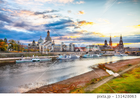 Amazing Sunset in Dresden on Elbe river with  Cathedral of the Holy Trinity and Bruehl's Terrace. 131428063