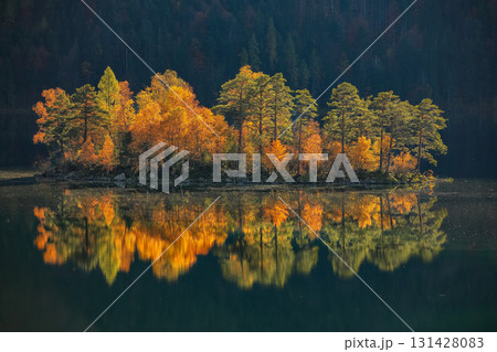 Amazing autumn landscape of islands with pine-trees in the middle of Eibsee lake. Amazing autumn landscape of islands with pine-trees in the middle of Eibsee lake. 131428083