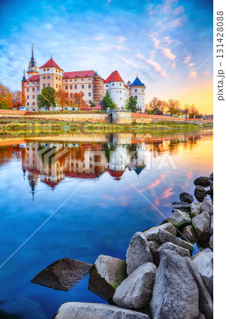 Amazing morning view of Hartenfels castle on banks of the Elbe. 131428088