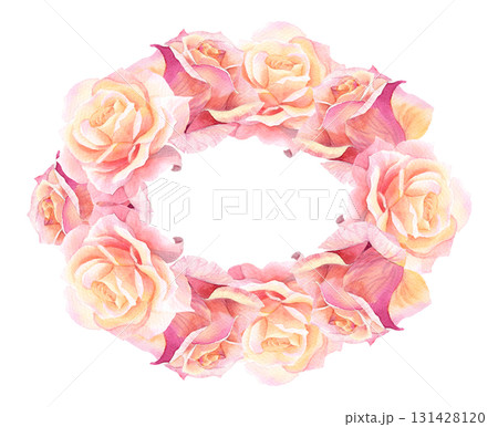 Wreath of rosebuds. Watercolor handmade illustration. For packaging design, cards, cover, prints, product labels and fabric. Wreath of rosebuds. Watercolor handmade illustration. For packaging design, cards, cover, prints, product labels and fabric. 131428120