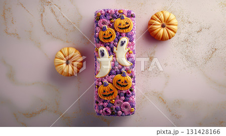 ハロウィンフェア：カボチャとゴーストがテーマの背の高いデコレーションケーキ 131428166