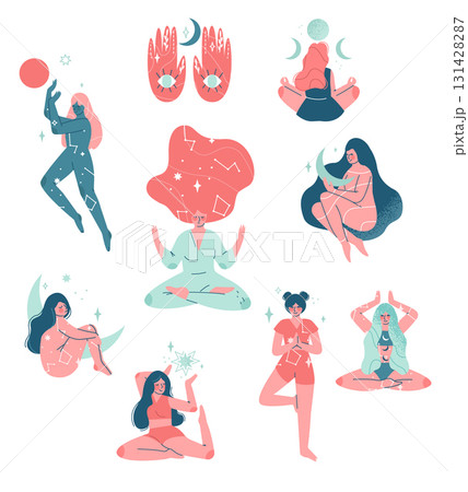 Mystic with Woman Character with Esoteric Astrological Sign Vector Set 131428287