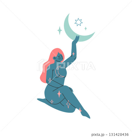 Mystic with Woman Character with Esoteric Astrological Sign Vector Illustration 131428436