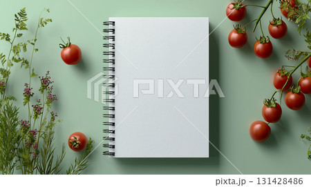Notebook with cherry tomatoes and greenery on countertop for meal planning 131428486