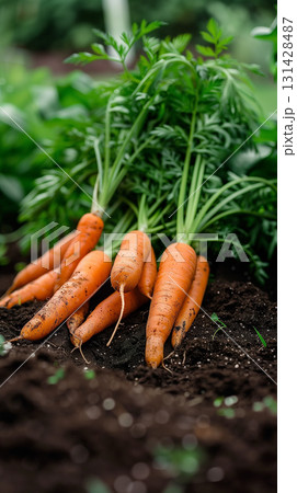 Freshly Harvested Carrots in a Home Garden During Sunny Afternoon 131428487