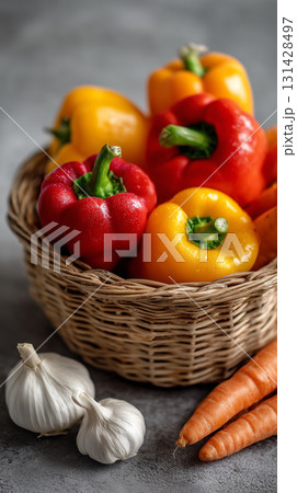 Fresh Colorful Vegetables in a Wicker Basket on a Solid Background 131428497