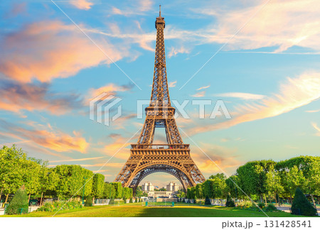 Beautiful sunset view of Eiffel Tower from Field of Mars, Symbol of Paris, France 131428541
