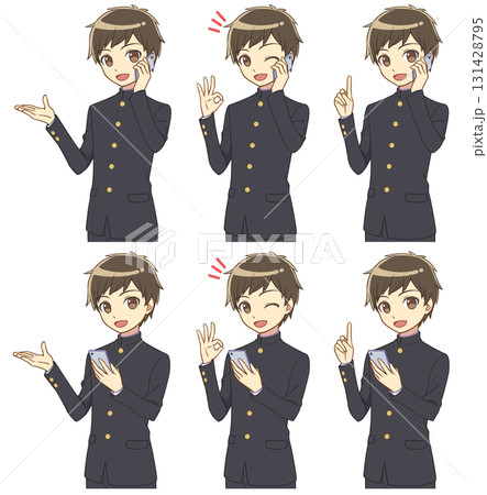 スマホを持って案内する学ランの男の子セット 131428795