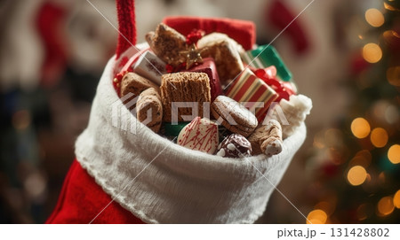 Red Christmas Stocking Filled with Cookies, Candies, and Small Wrapped Gifts Hanging by the Fireplace Red Christmas Stocking Filled with Cookies, Candies, and Small Wrapped Gifts Hanging by the Fireplace 131428802